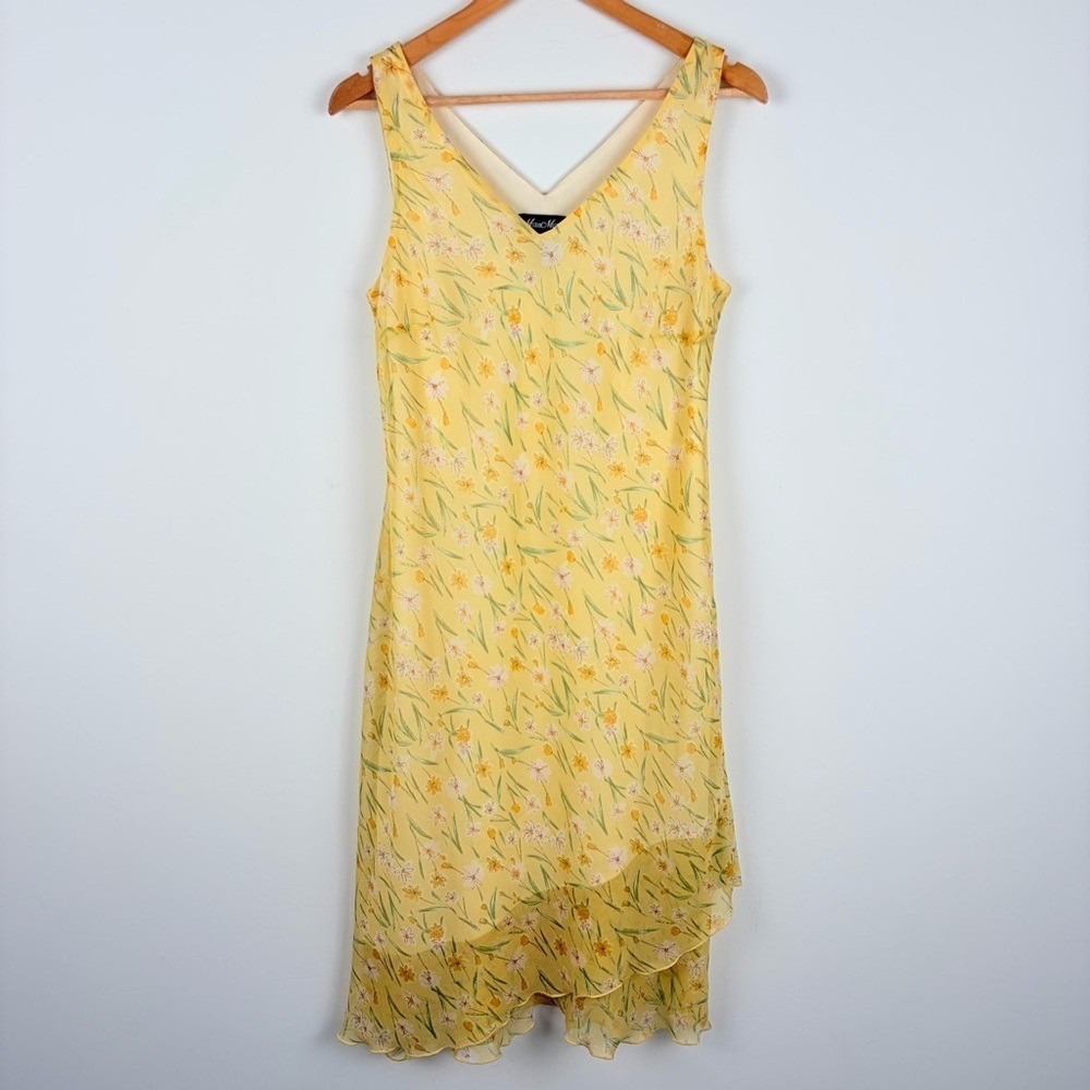 Vintage Y2K Yellow Floral‎ Asymmetrical Dress Size 8